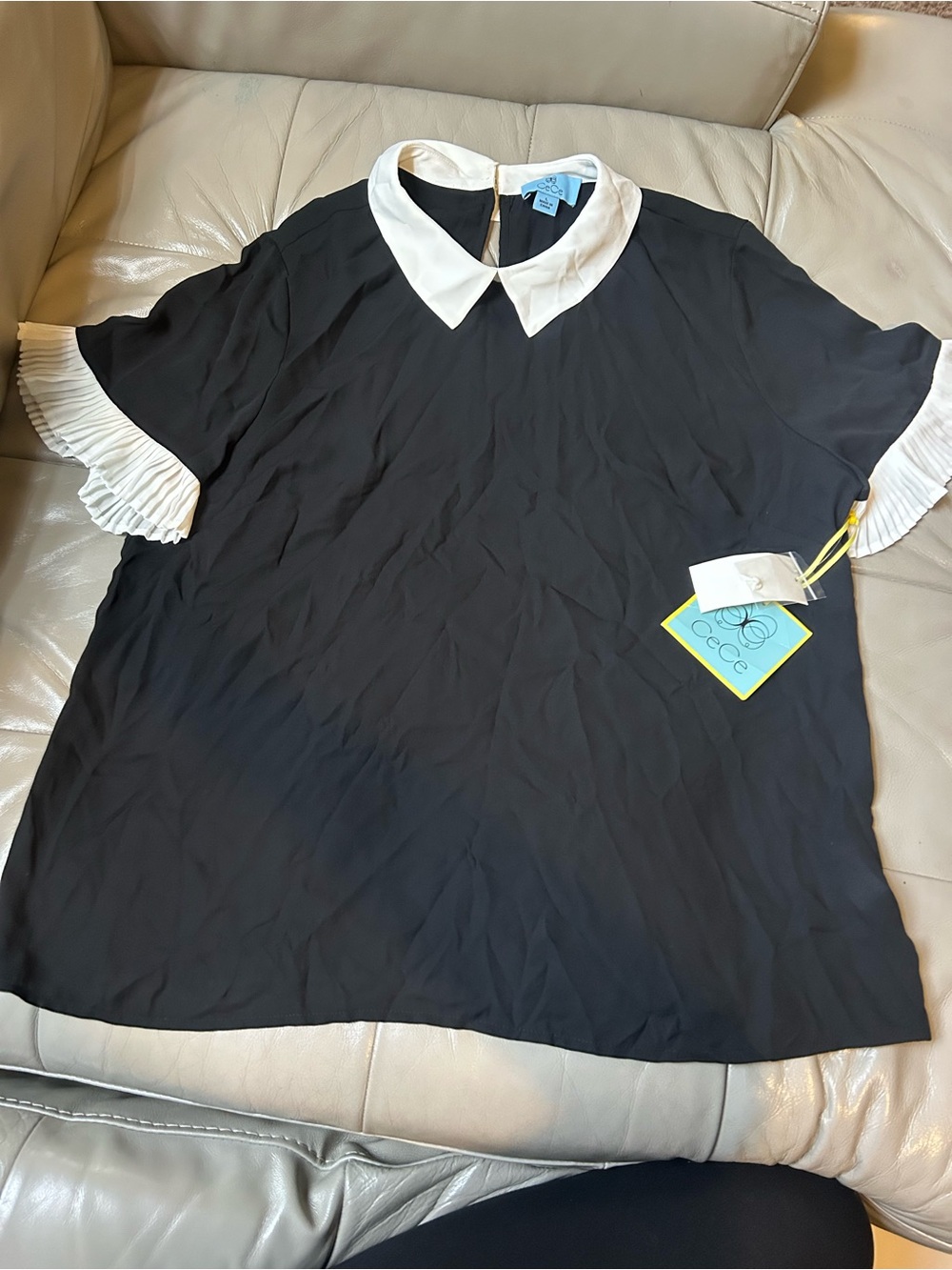 CeCe Black Blouse with White Peter Pan Collar and Pleated Sleeve Cuffs